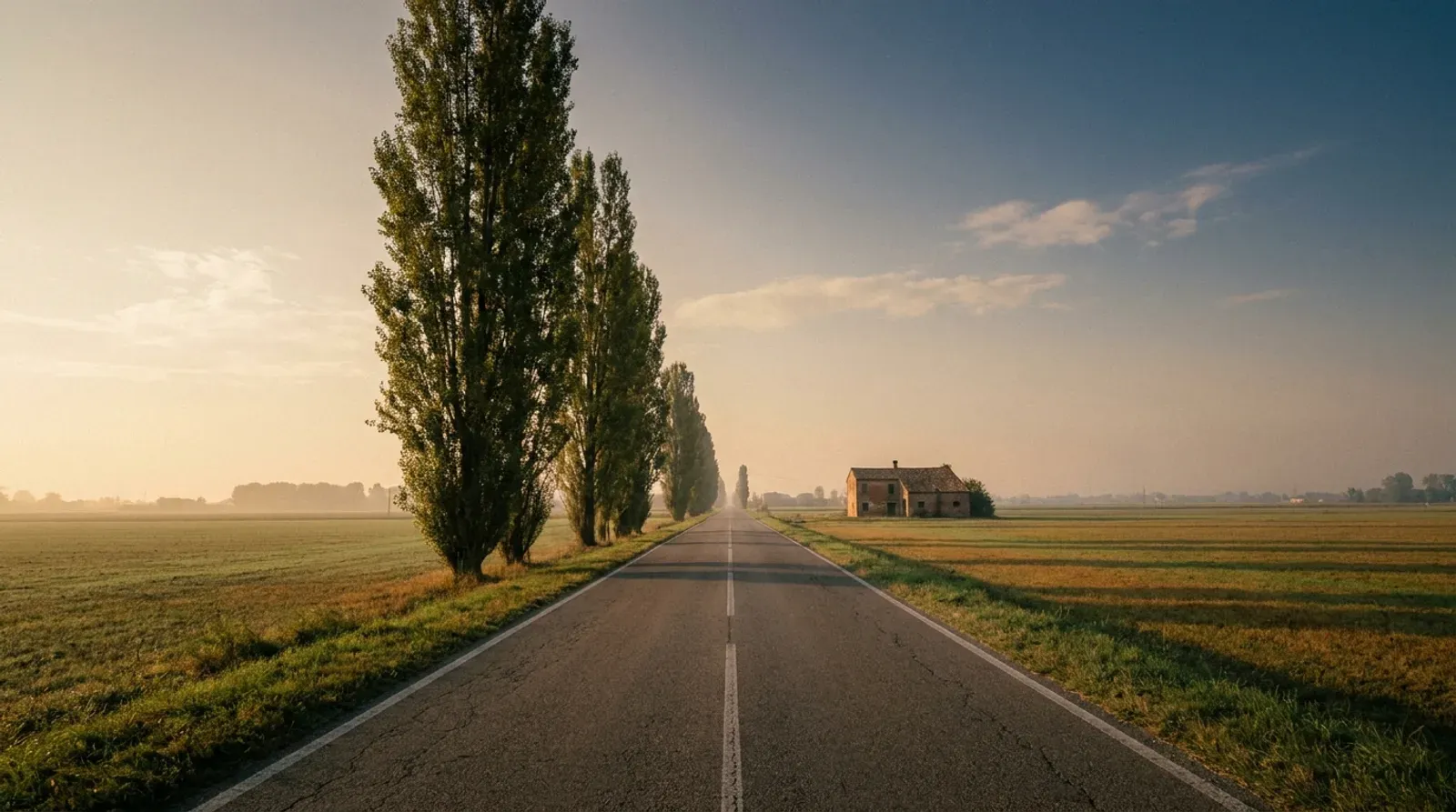 Route de campagne rectiligne entre des champs plats, bordée de peupliers, avec une ferme en briques au loin dans la lumière dorée du soir