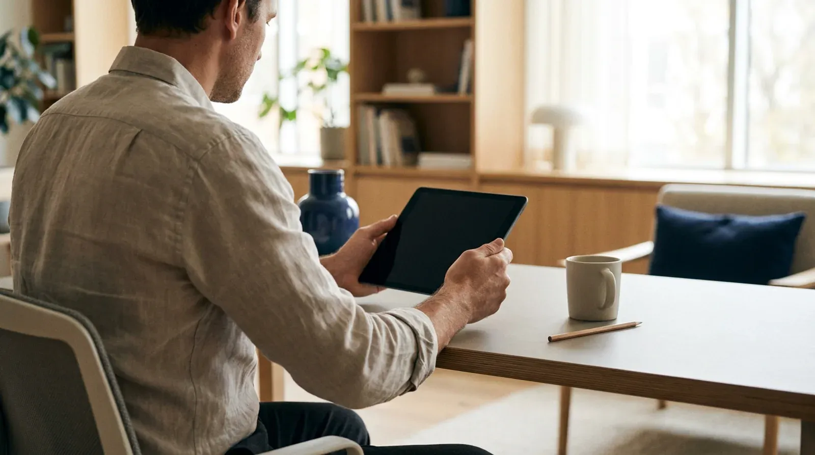 Un dirigeant assis à son bureau, tablette en main, au moment de cadrer le délai de mise en ligne de son site internet.