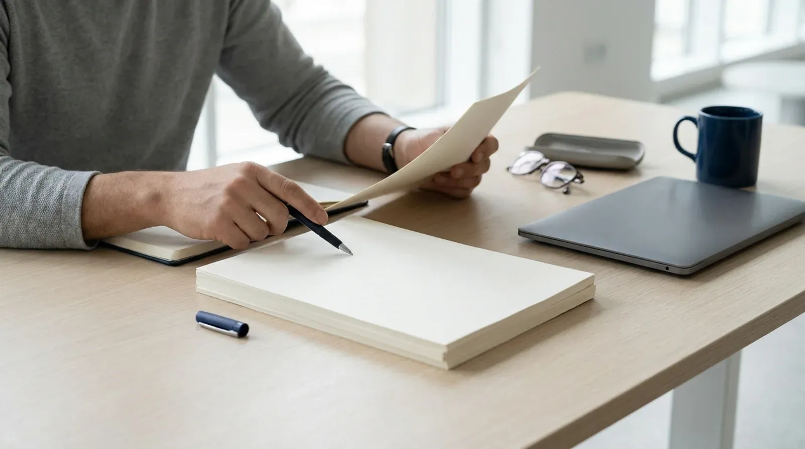 Une personne parcourt les pages d’un dossier posé sur un bureau clair, stylo en main, comme on relit un devis de site internet poste par poste.