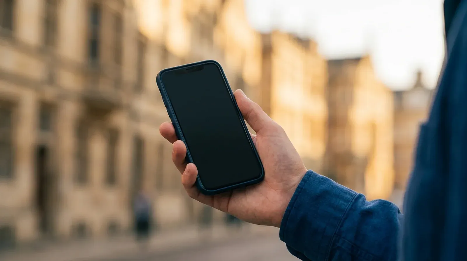 Une main tient un smartphone dans une rue de centre-ville, illustration de la recherche locale sur mobile qui décide de la visibilité d’une entreprise.