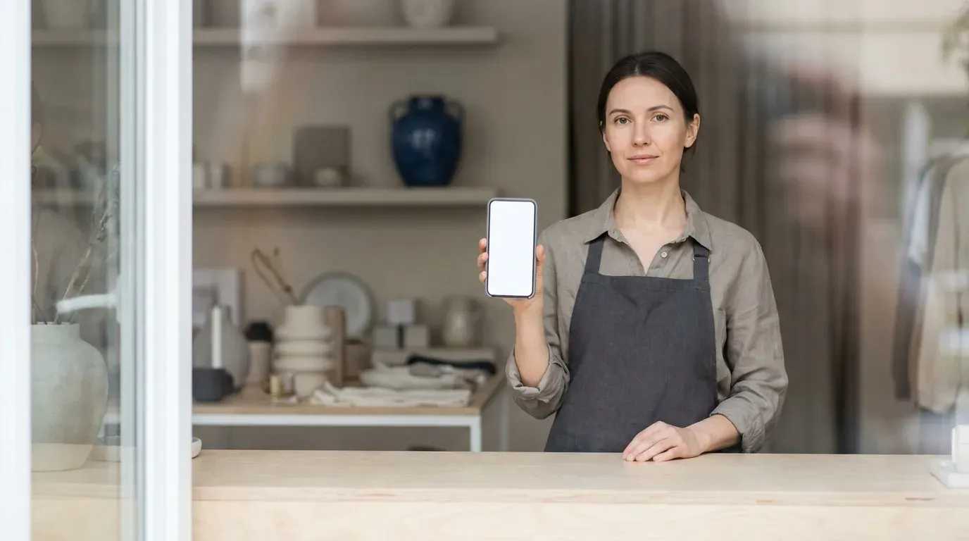 Commercante derriere le comptoir de sa boutique, qui presente l ecran vierge de son smartphone face a l objectif.