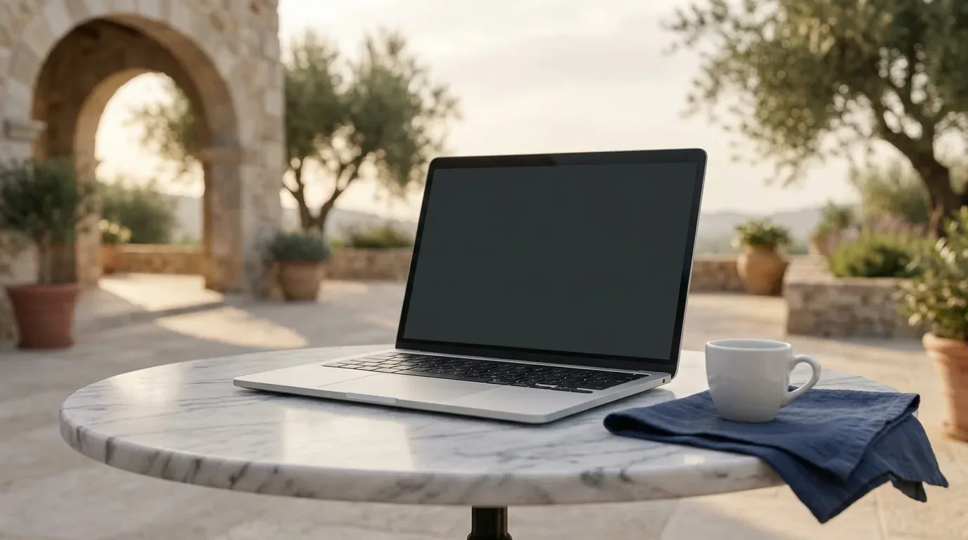 Ordinateur portable a ecran eteint pose sur une table de marbre, face a une terrasse mediterraneenne plantee d oliviers.