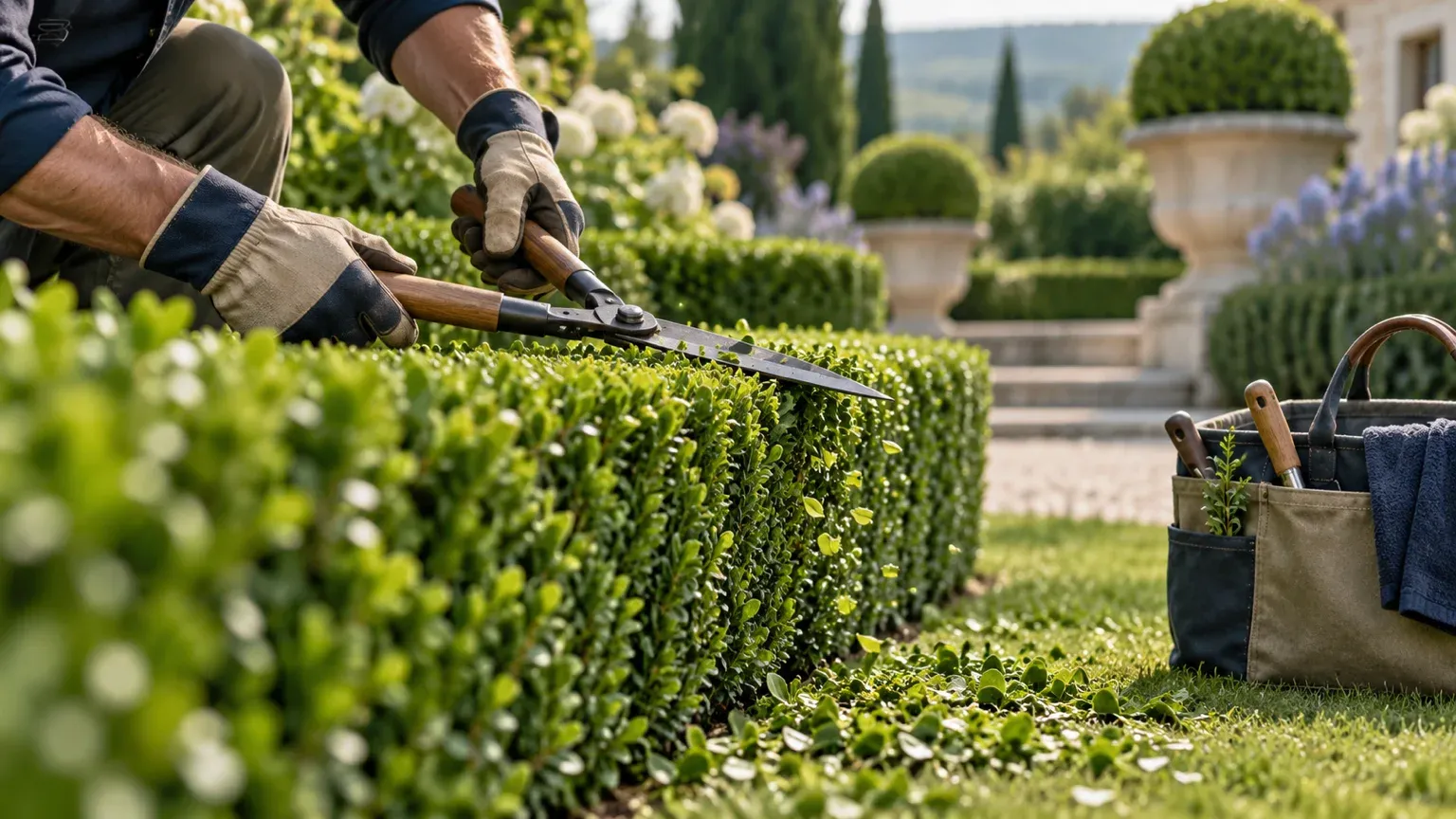 Mains gantées d’un jardinier qui taillent une haie de buis à la cisaille, un sac à outils posé sur la pelouse : de l’entretien courant, éligible au crédit d’impôt.