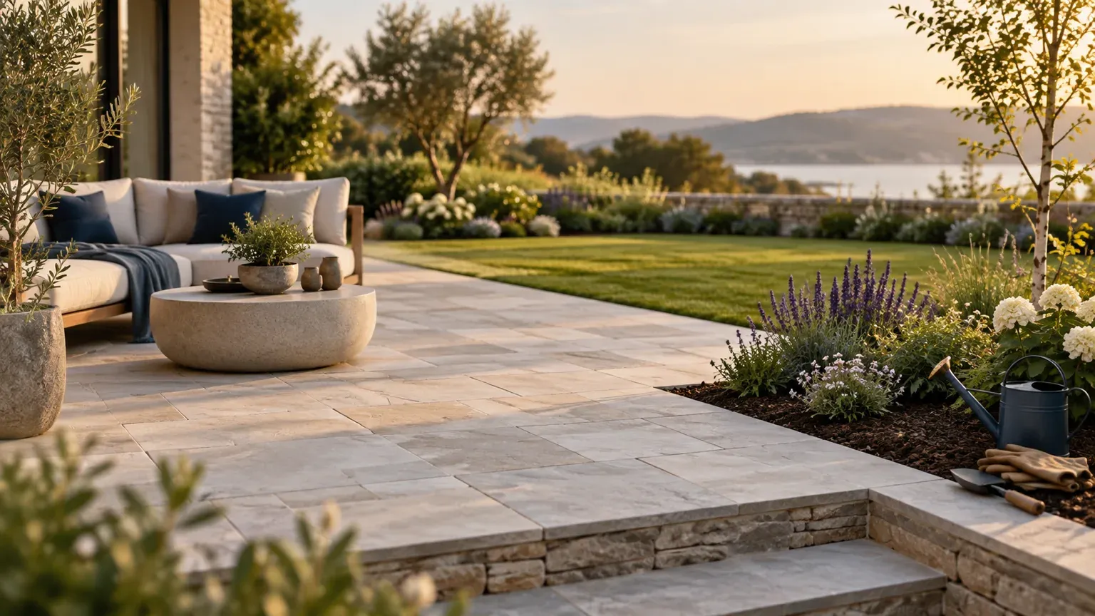 Terrasse en dalles de pierre naturelle avec salon extérieur, pelouse neuve et massifs de lavande paillés, arrosoir et gants posés au bord : un jardin achevé, prêt à être photographié pour le site.