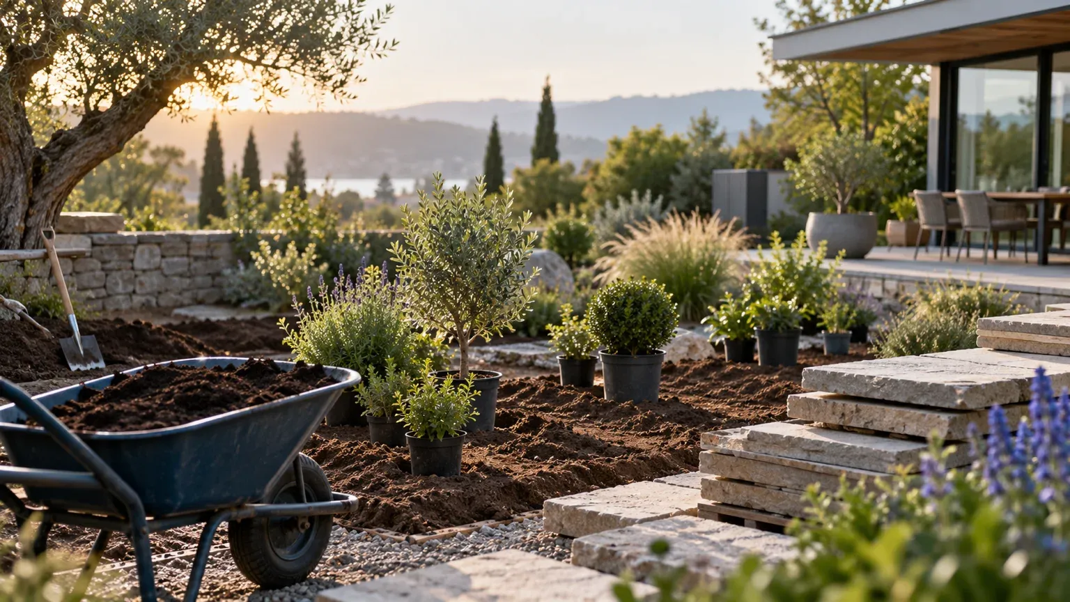 Chantier de création de jardin : brouette de terre, arbustes en pots prêts à planter, dalles de pierre empilées et massifs fraîchement bêchés devant une maison.