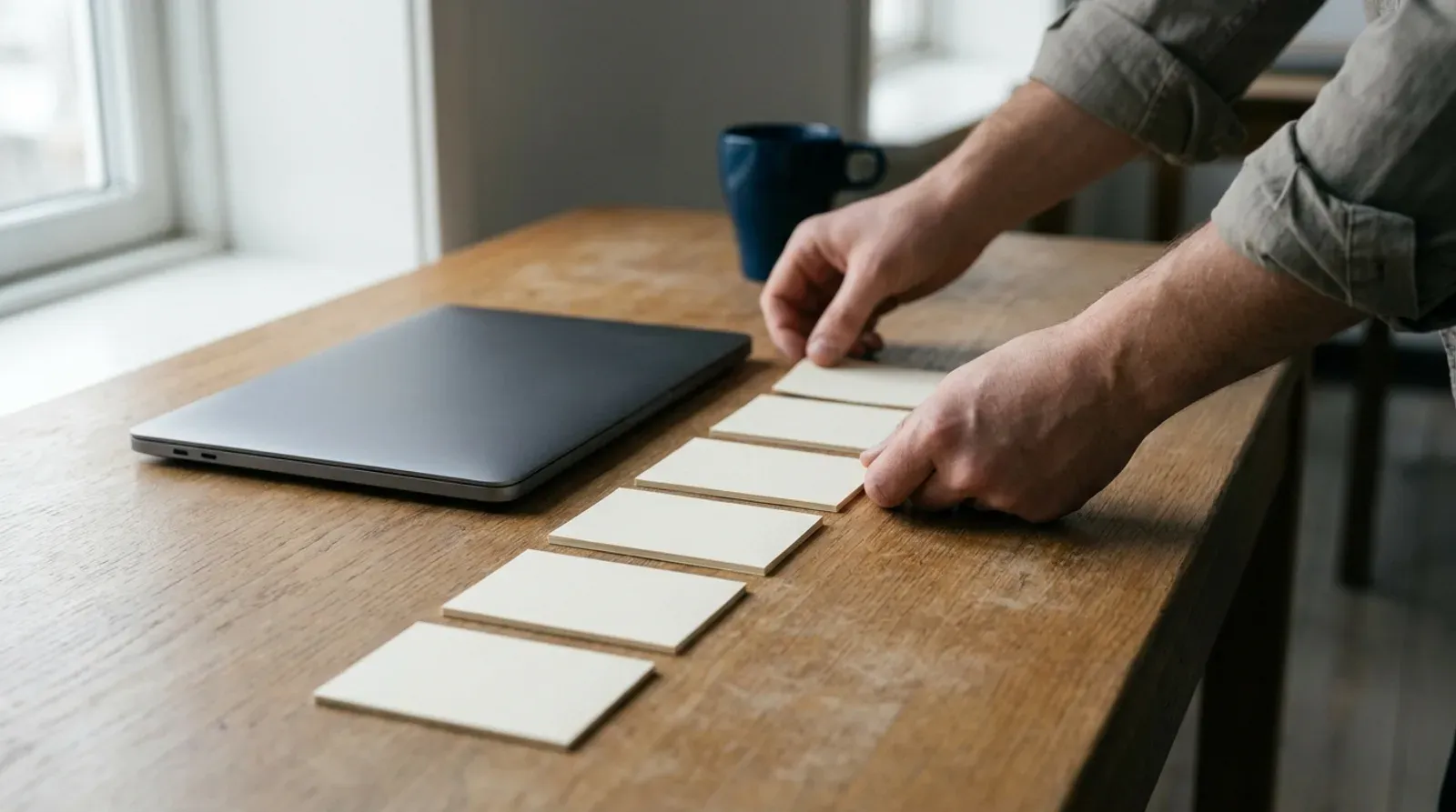 Des mains alignent sept fiches vierges sur un bureau en bois, à côté d’un ordinateur portable fermé, pour figurer le délai de fabrication d’un site internet.