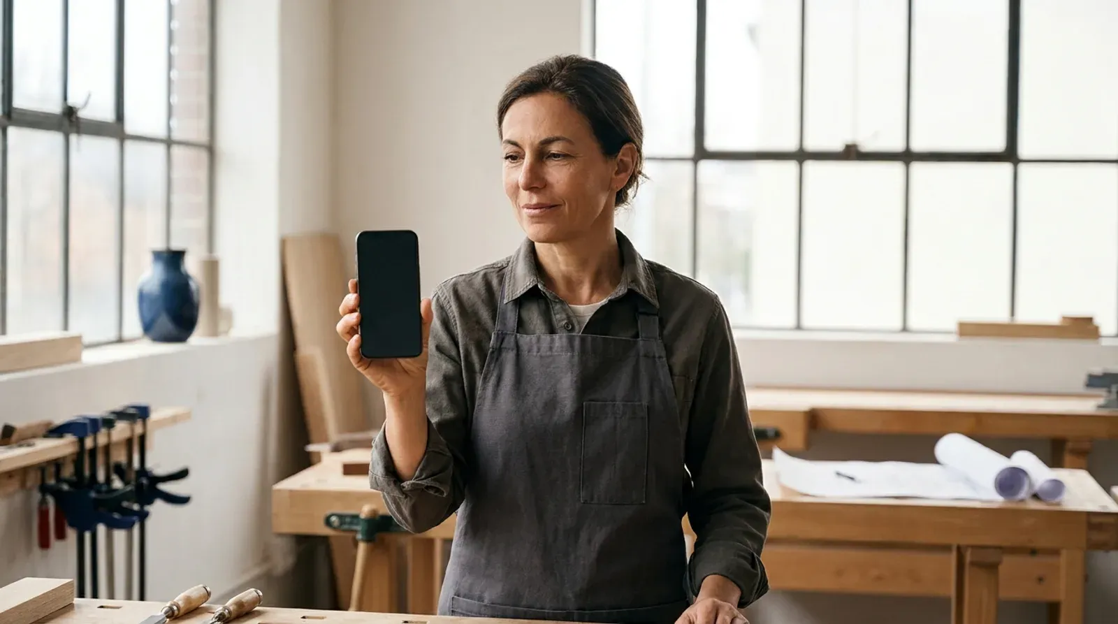 Une artisane tient un téléphone à l’écran éteint dans son atelier de menuiserie, ses outils rangés derrière elle.