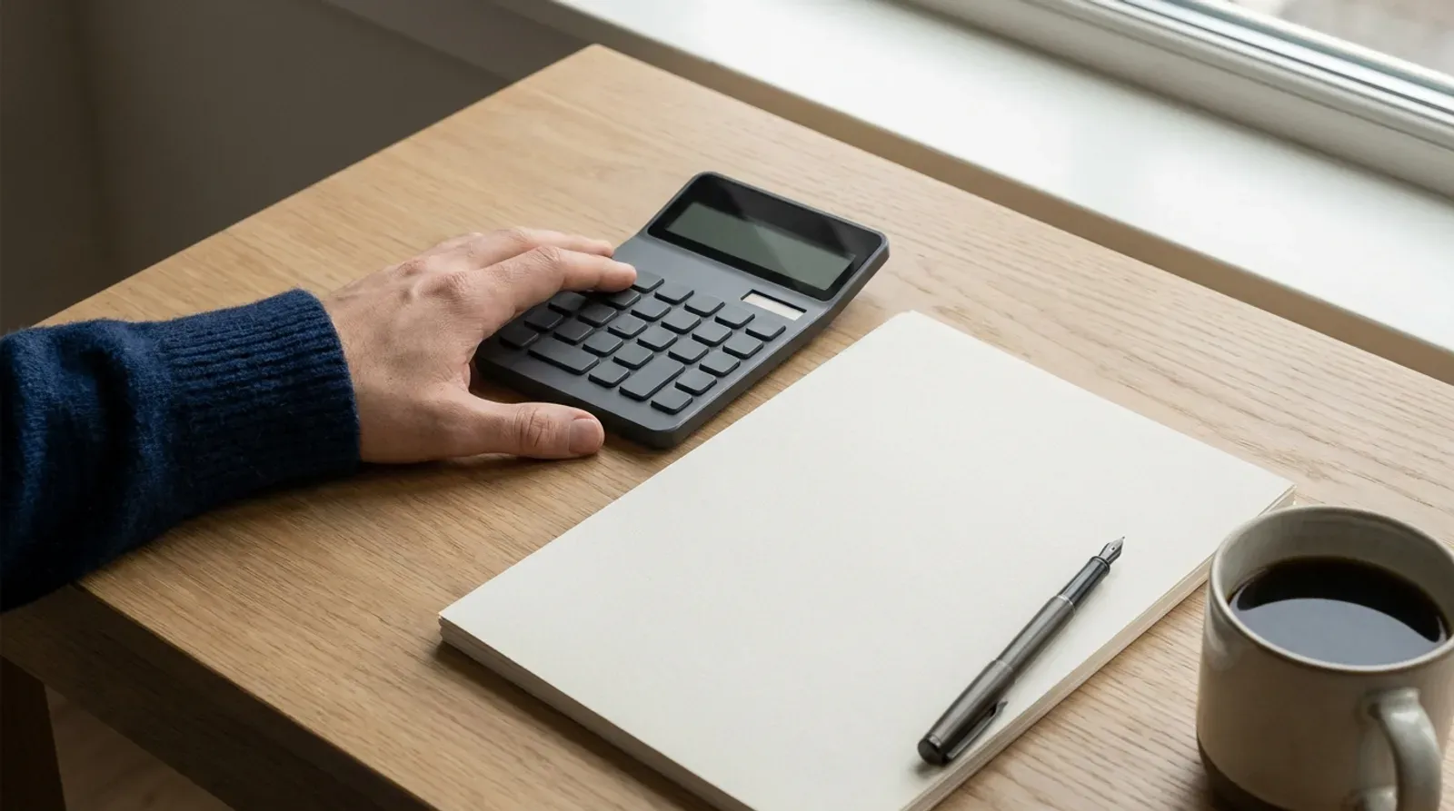 Une main posée sur une calculatrice à l’écran vierge, près d’un bloc de papier blanc, d’un stylo plume et d’une tasse de café.