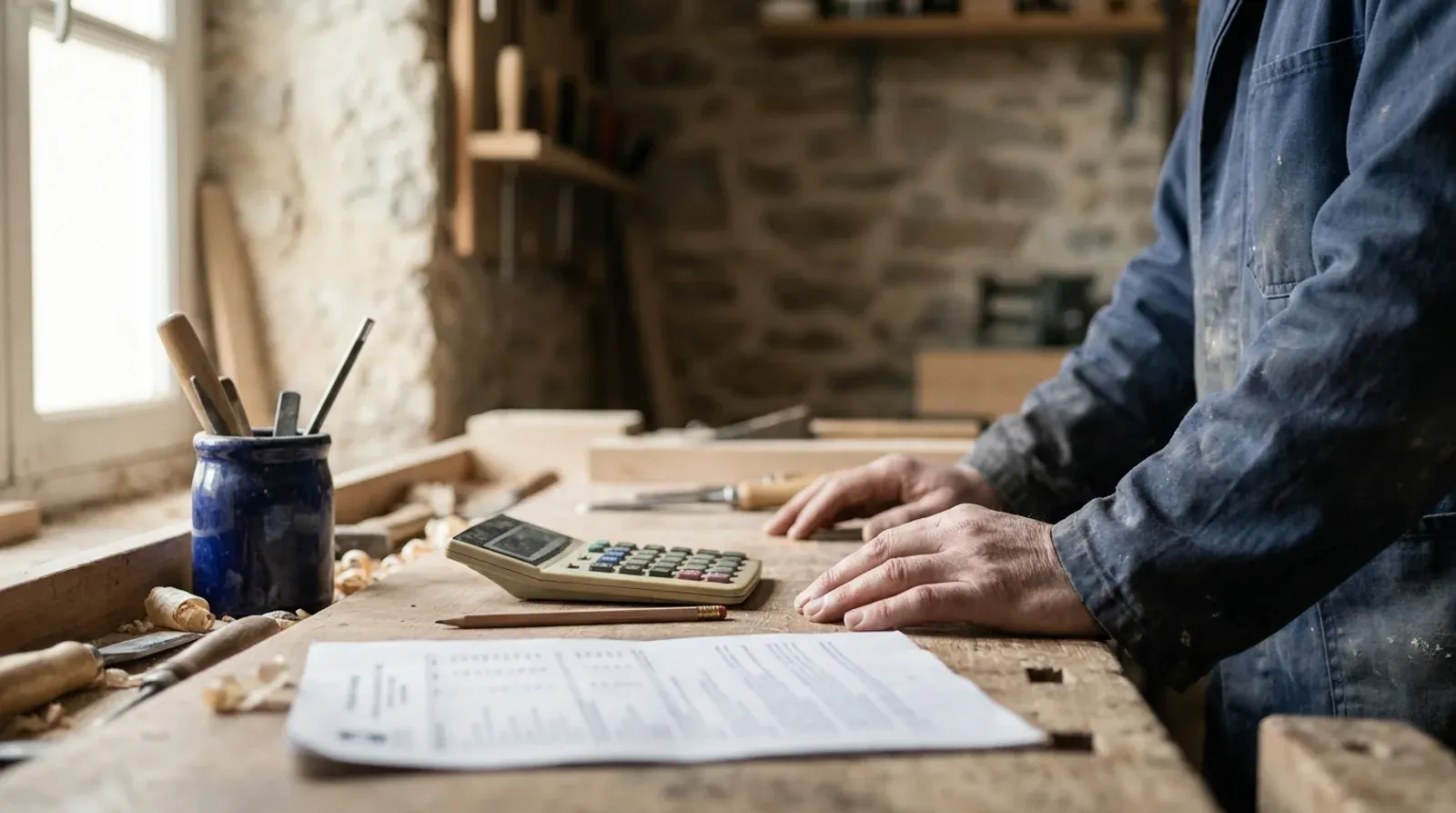 Un artisan pose la main sur son etabli en bois, a cote d une calculatrice, d un crayon et d une feuille imprimee, dans un atelier aux murs de pierre.