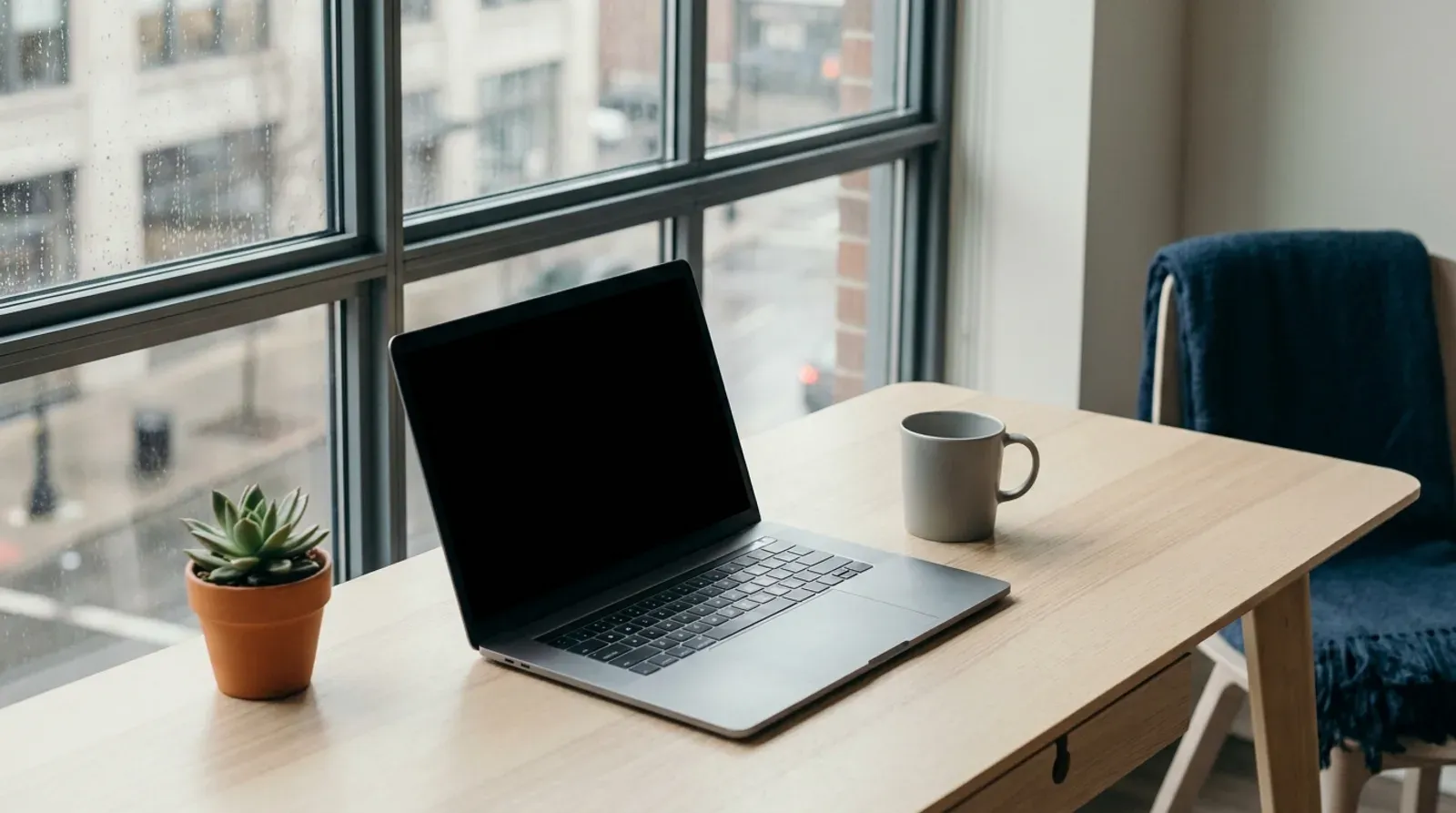 Un ordinateur portable a l ecran eteint, une tasse et une petite plante sur un bureau clair, devant une grande fenetre donnant sur une rue.