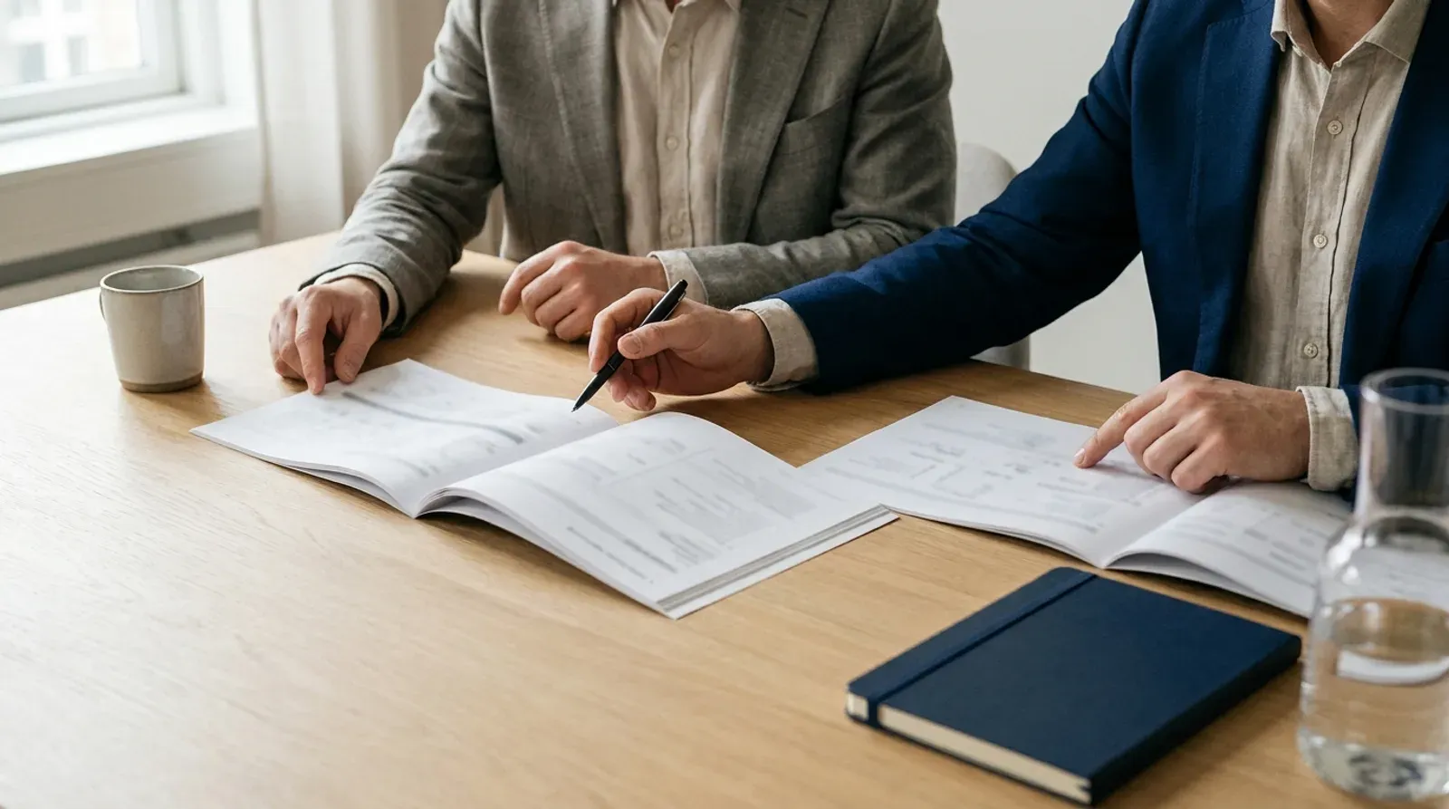 Deux professionnels comparent des documents imprimes autour d une table en bois clair, l un tenant un stylo au-dessus d une page.