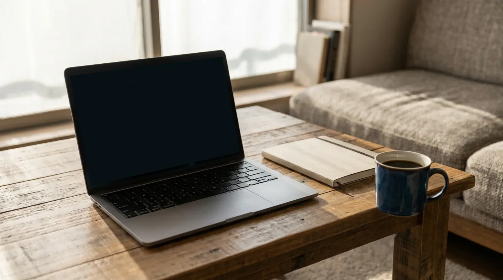 Ordinateur portable ouvert a l ecran vide sur une table basse en bois pres d une fenetre, avec un carnet ferme et une tasse bleue, scene de travail a distance.