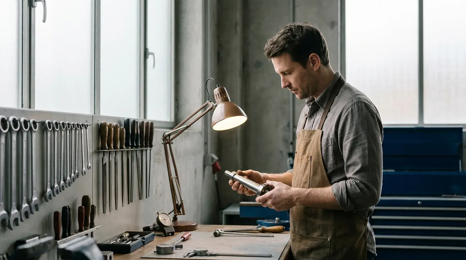 Artisan en tablier qui examine une piece metallique dans son atelier, sous une lampe articulee, devant un mur d outils ranges.