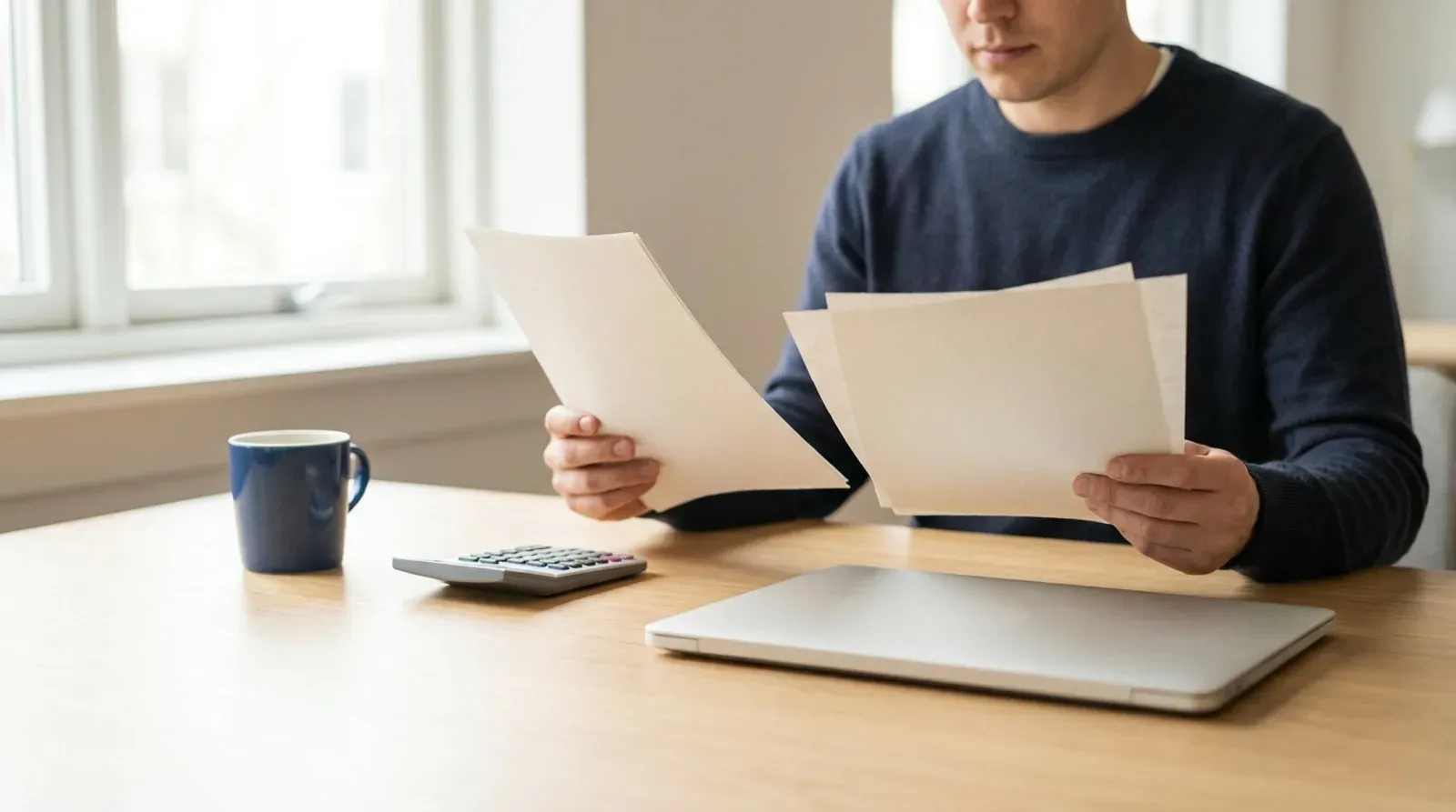 Dirigeant de petite entreprise assis a un bureau clair, comparant des feuilles vierges a cote d une calculatrice et d un ordinateur portable ferme.