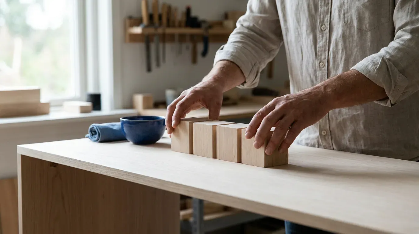 Mains d’artisan alignant quatre blocs de bois clair sur un établi pâle, dans un atelier lumineux.