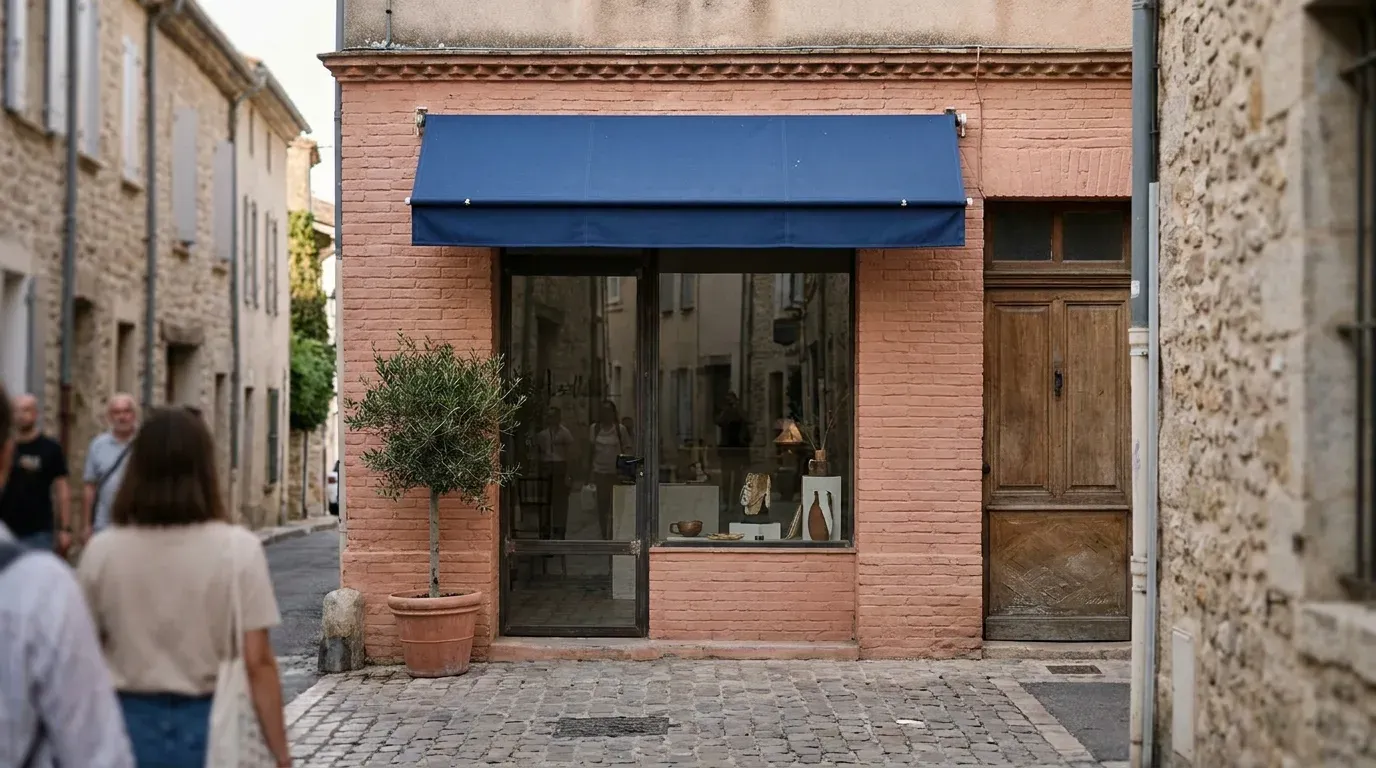 Devanture de commerce indépendant en brique rose dans une rue pavée du sud de la France, store bleu uni sans inscription.