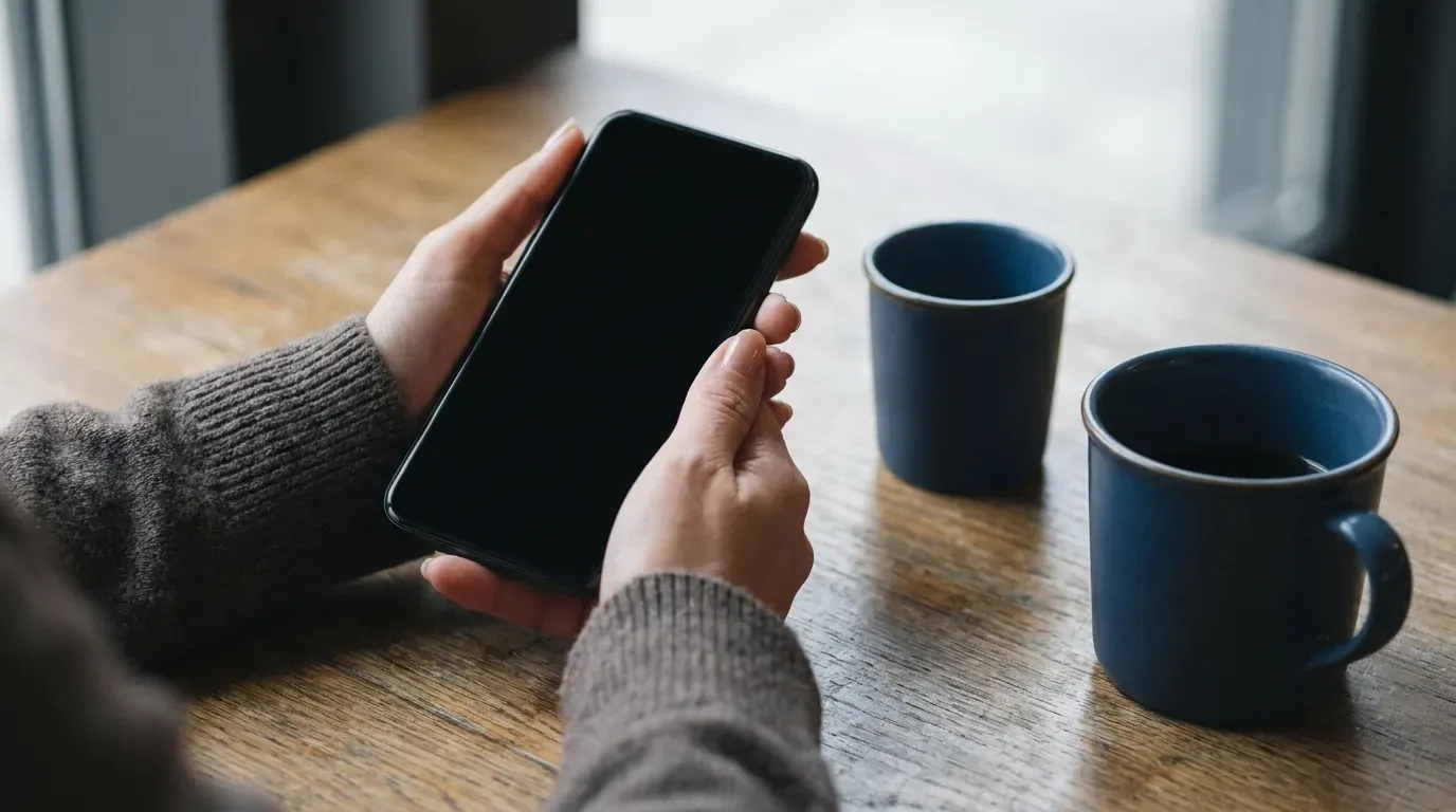 Mains tenant un smartphone à l’écran noir éteint, posé au-dessus d’une table en bois avec deux tasses bleues.