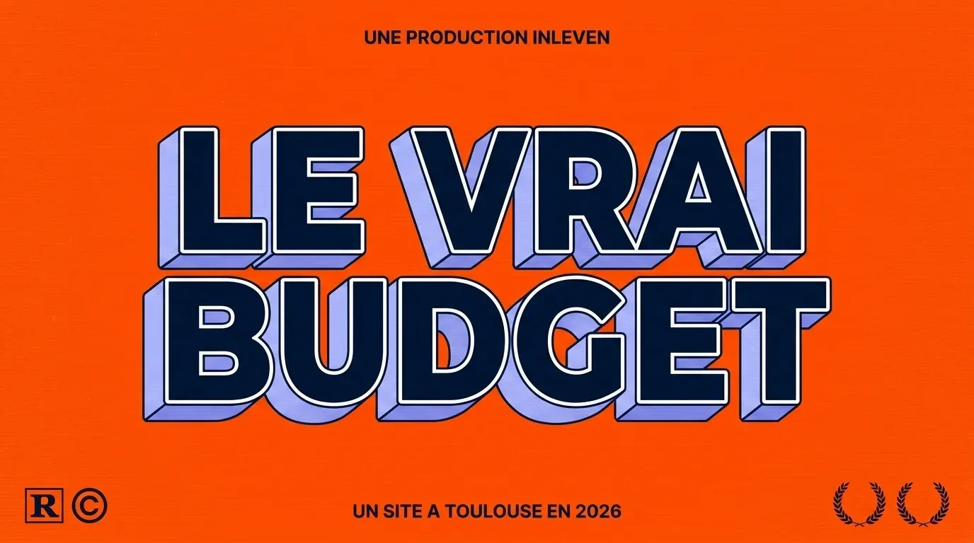 Visuel 3D rétro sur fond orange vif, titre LE VRAI BUDGET en grandes capitales navy à extrusion lavande, mention UNE PRODUCTION INLEVEN en haut et slogan UN SITE A TOULOUSE EN 2026 en bas.