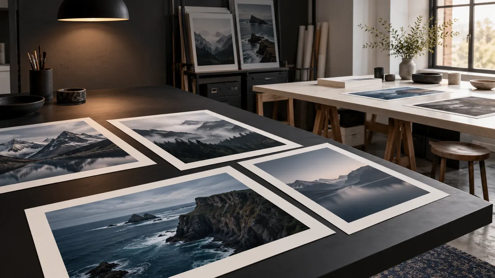 Studio de photographe où des tirages reposent sur une table anthracite près d’un plan de travail clair, comme une galerie sur fond sombre à côté de pages de lecture en mode clair.