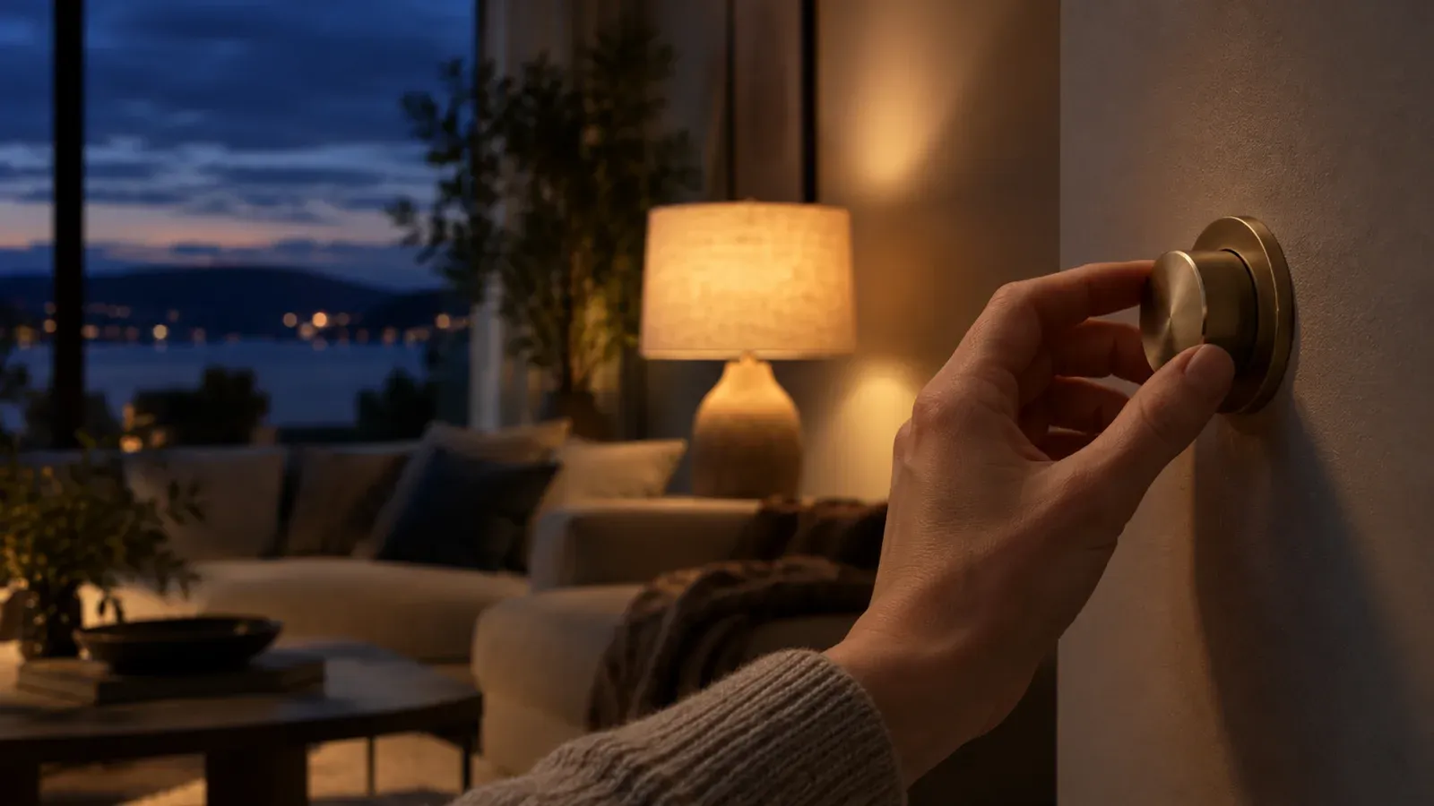 Main qui baisse un variateur de lumière dans un salon au crépuscule, pour rappeler que sur smartphone la luminosité pèse plus sur la batterie que le mode sombre.