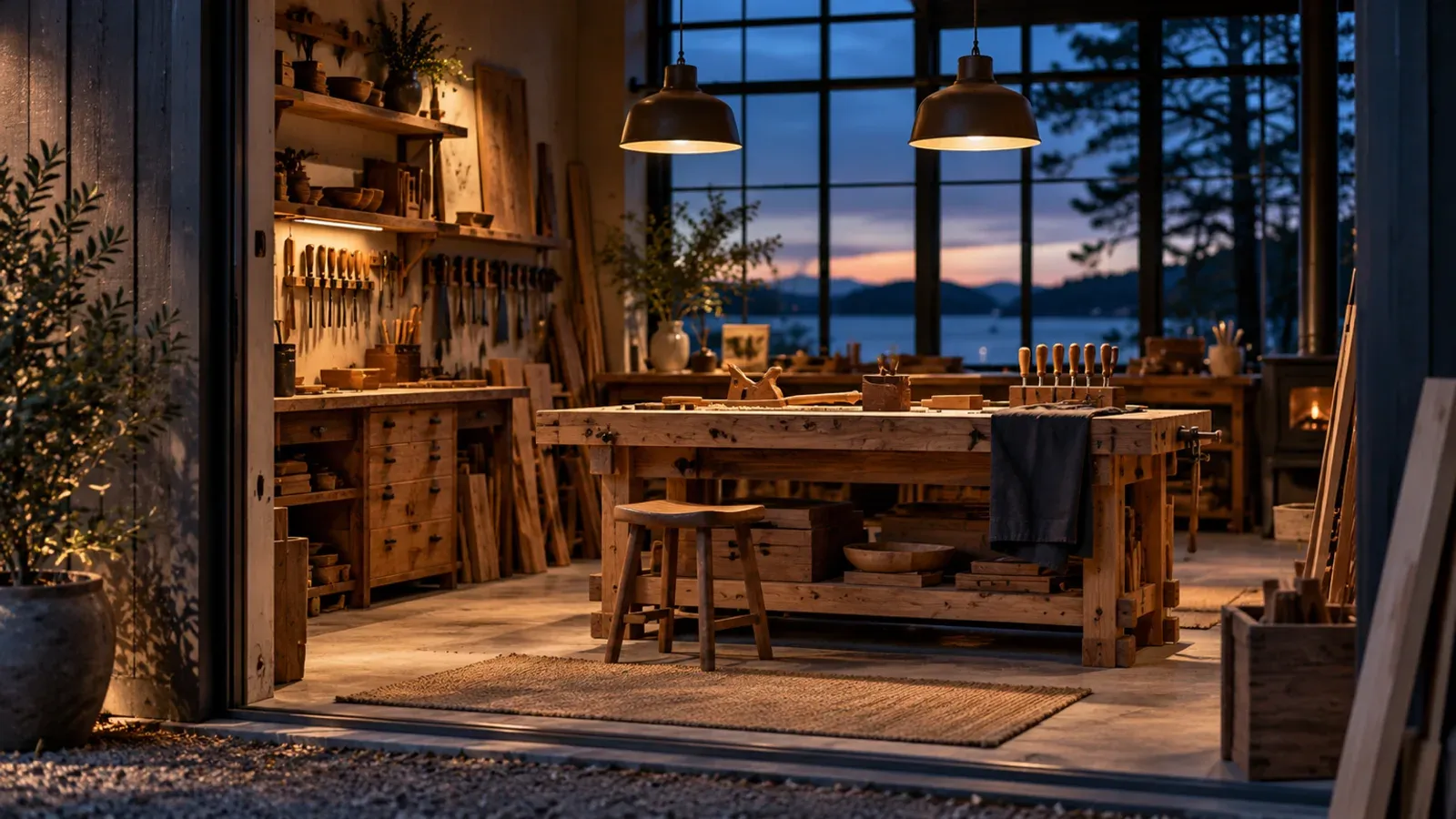 Atelier d’artisan vu depuis l’entrée à la tombée du soir, lampes allumées, le genre de photo qu’un site peut servir à la place de sa version de jour quand le visiteur est en mode sombre.