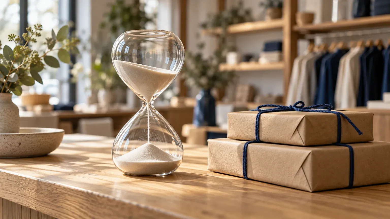 Un sablier posé sur le comptoir en bois d’une boutique, à côté de deux colis en papier kraft noués de bleu, pour évoquer la fausse urgence que le Code de la consommation range parmi les pratiques trompeuses.
