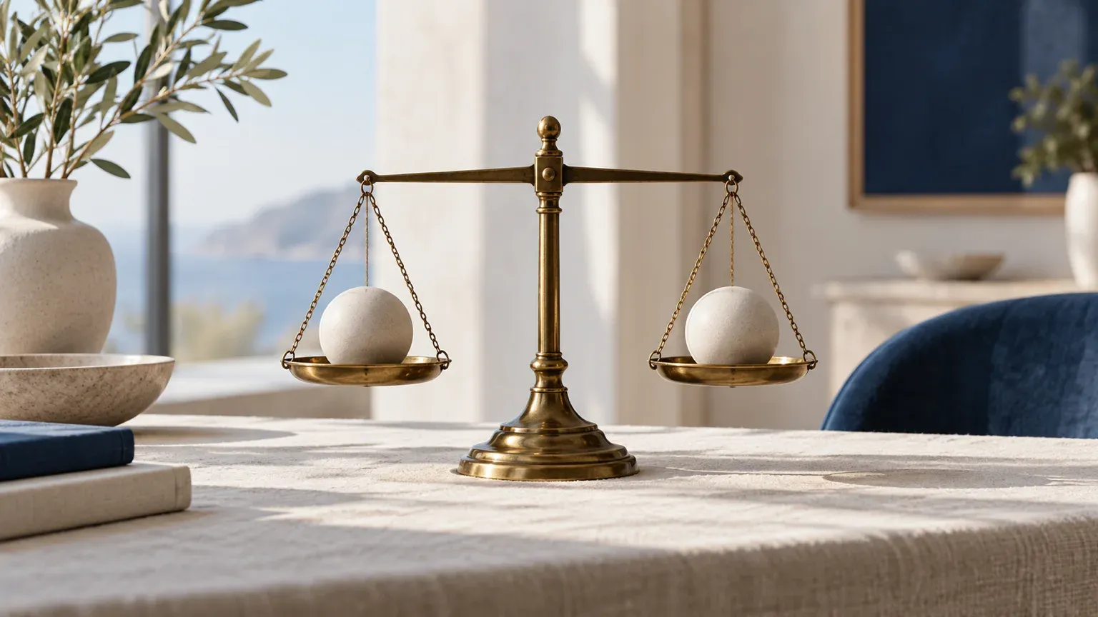 Une balance en laiton à l’équilibre, une boule claire identique sur chaque plateau, image d’un bandeau cookies où le bouton Refuser pèse autant que le bouton Accepter.