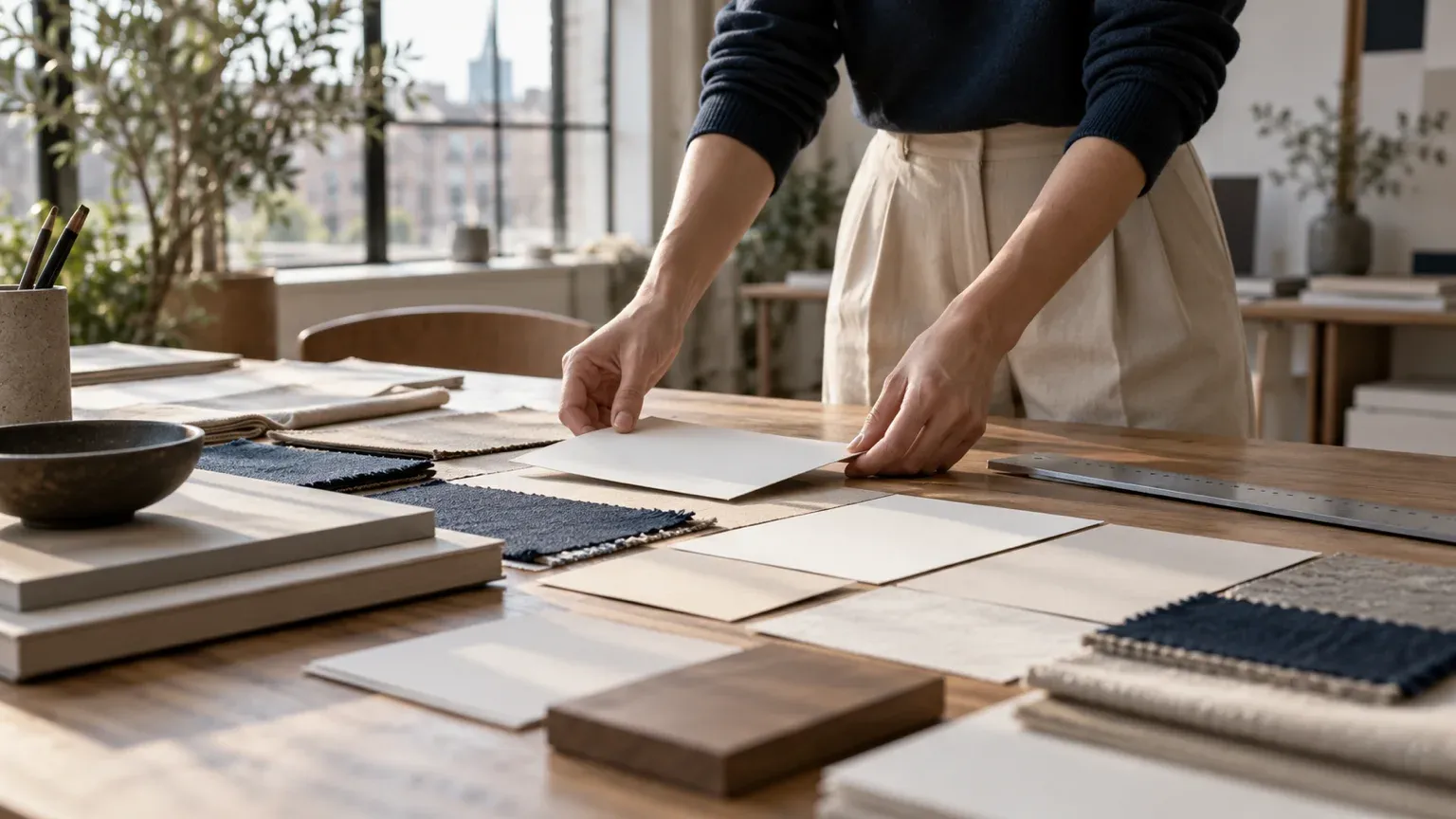 Une personne dispose des cartes de papier vierges et des échantillons de tissu sur une table d’atelier, pour illustrer la refonte d’un site web avec un design honnête à la place des pièges.