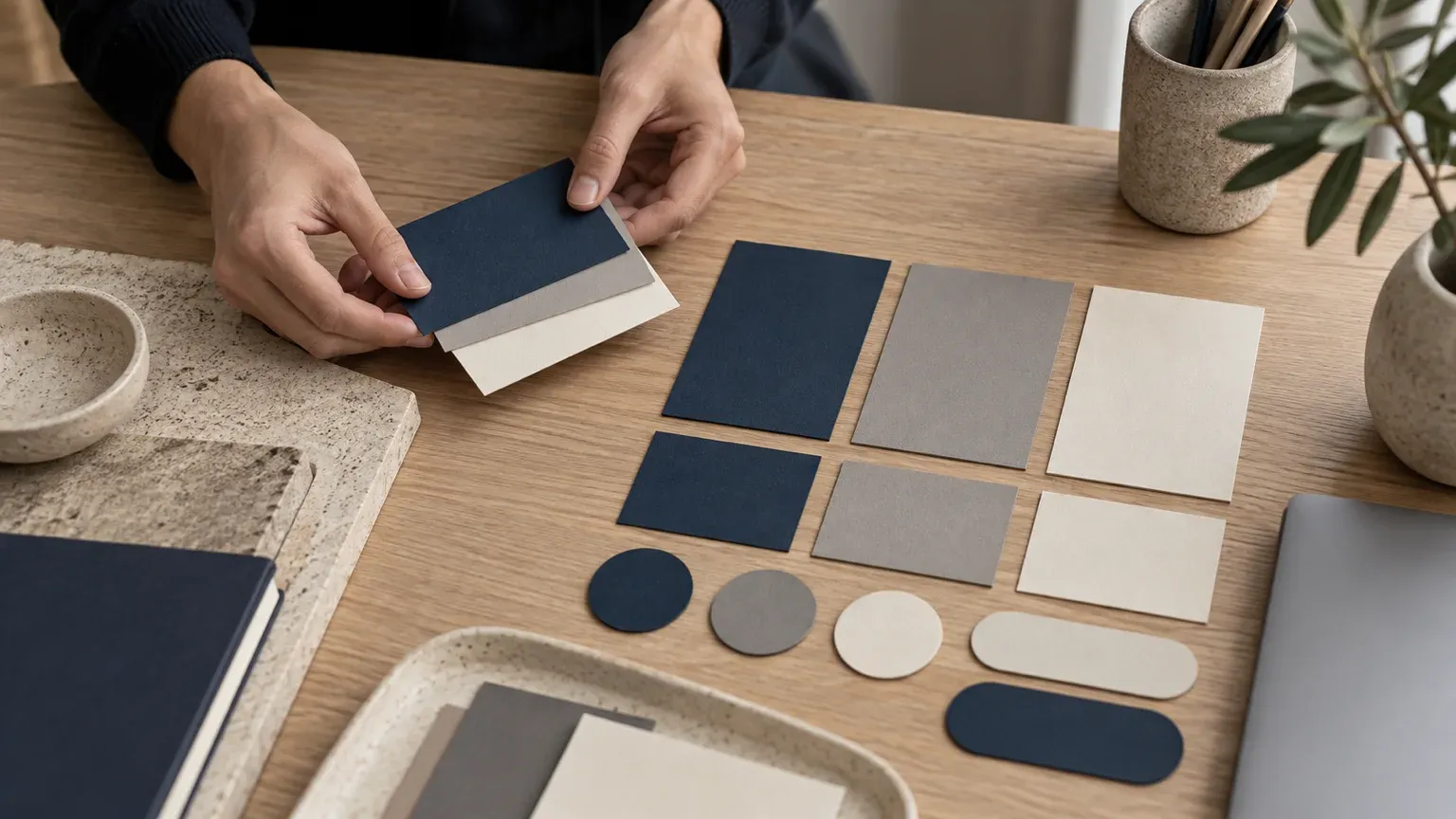Mains qui rangent sur une table en chêne des nuanciers bleu marine, gris et crème, avec des pastilles rondes et des formes de boutons découpées, comme les briques d’un design system pour le site d’une TPE.