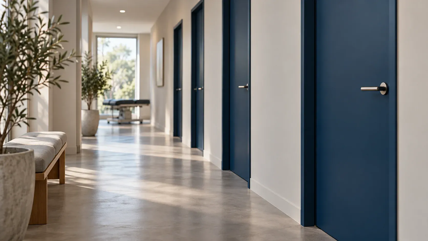 Couloir d’un cabinet de kinésithérapie aux portes bleu profond identiques, avec la même poignée à la même hauteur, image de la navigation cohérente qu’un design system aide à tenir de page en page.