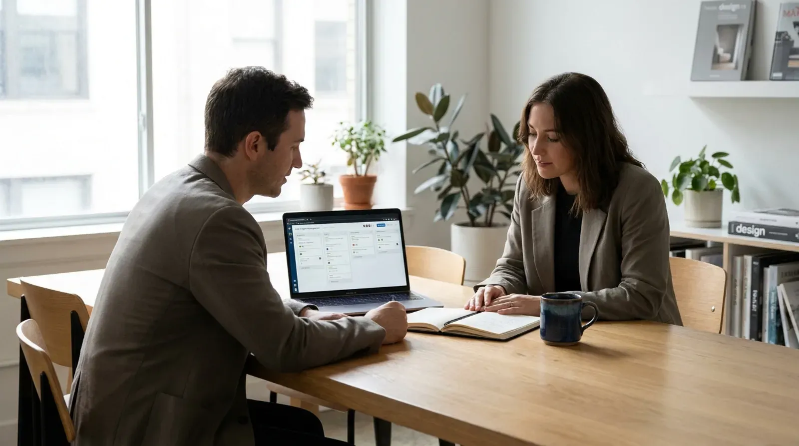 Un client et un consultant echangent autour d’une table pour ajuster le perimetre d’un projet de site web avant l’accord.