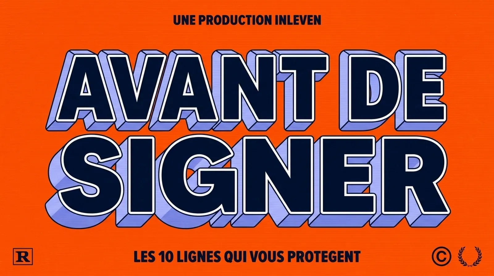 Affiche typographique retro 3D en orange vif et bleu marine, titre AVANT DE SIGNER, illustration premium de l article Inleven sur le devis de site internet.