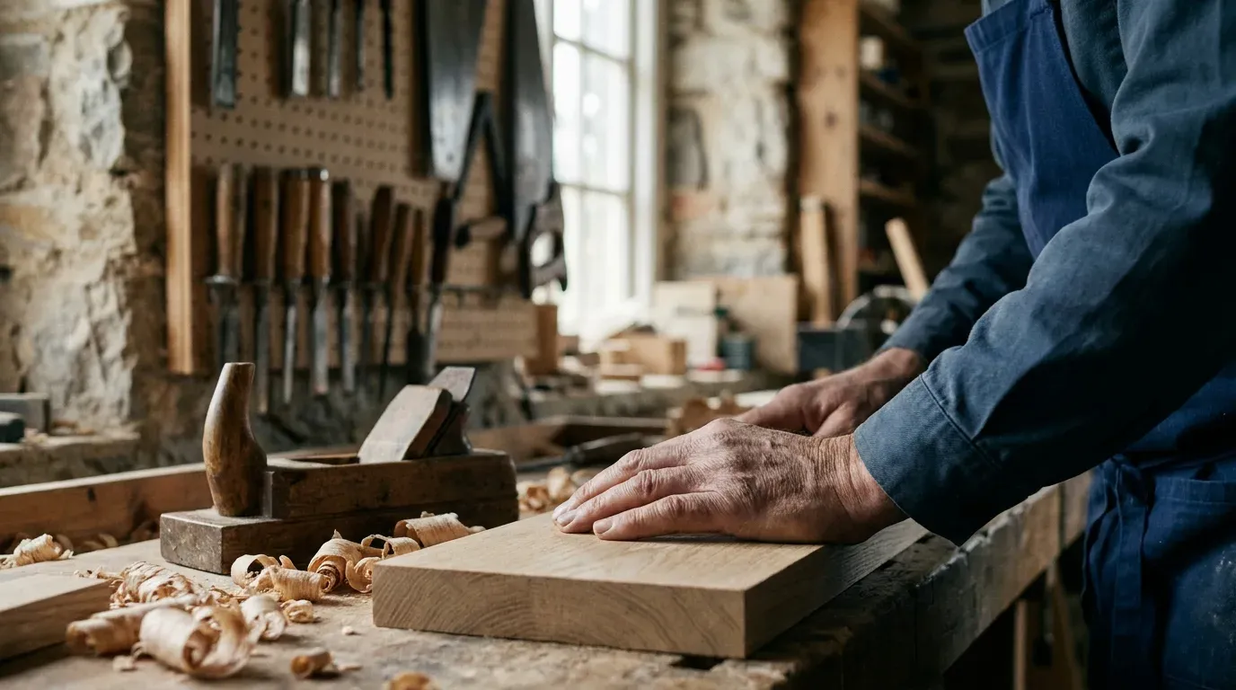 Mains d’un artisan menuisier posées sur une planche de chêne rabotée dans son atelier, l’expérience réelle du métier que l’E-E-A-T de Google cherche à reconnaître sur un site de TPE.