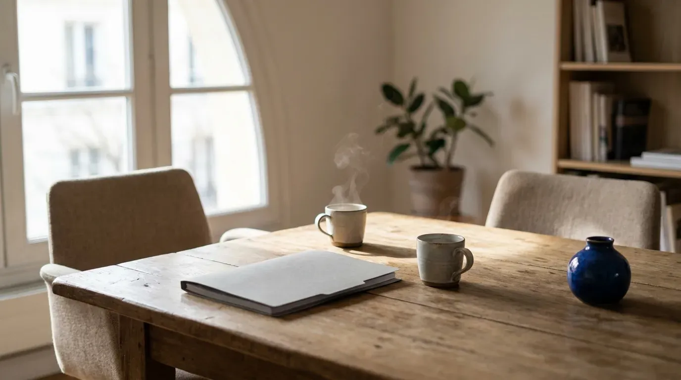 Table de réunion avec deux chaises, un dossier fermé et deux tasses de café, la scène où une TPE juge la promesse d’un prestataire sur l’E-E-A-T avant de signer.