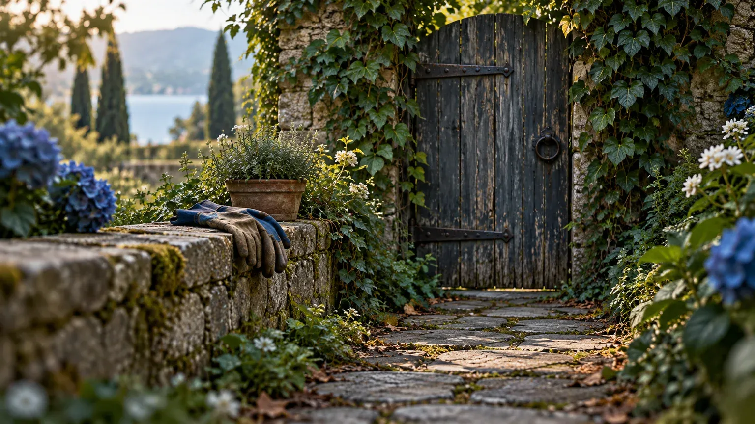 Allée de jardin en pierre qui bute sur un portail en bois fermé, couvert de lierre, avec des gants posés sur le muret : l’impasse d’une page en erreur 404.