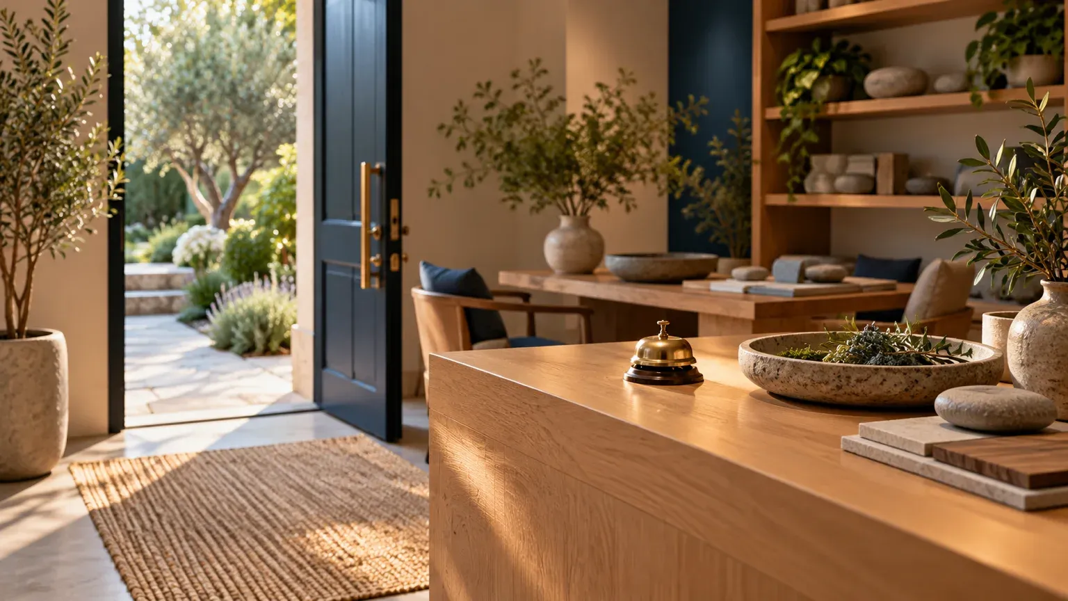 Entrée lumineuse d’un studio, porte ouverte sur le jardin et sonnette en laiton sur un comptoir en chêne, à l’image d’une page 404 qui oriente le visiteur.