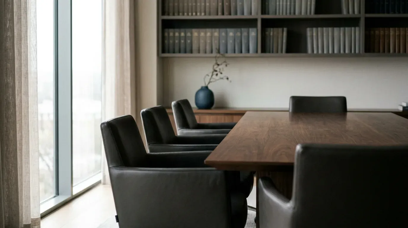 Une salle de reunion de cabinet d’avocats vide, fauteuils en cuir autour d’une table, image de la sobriete des sites de cabinets.