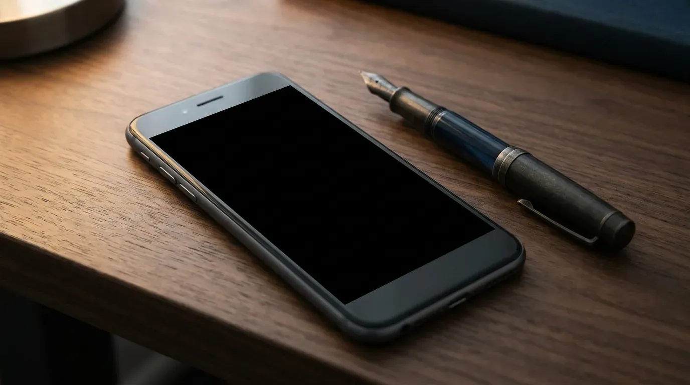 Un telephone pose ecran eteint sur un bureau sombre, image des appels perdus faute de numero cliquable.
