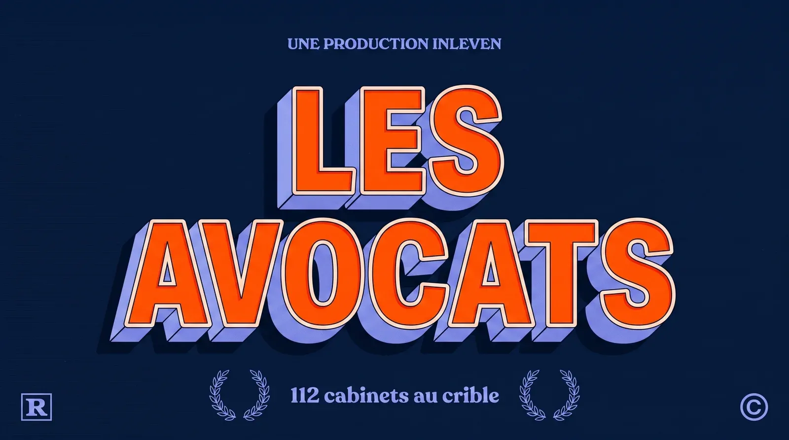 Illustration 3D retro bleu nuit de la marque, titre Les avocats en grandes capitales, en couverture du zoom Inleven sur 112 cabinets.