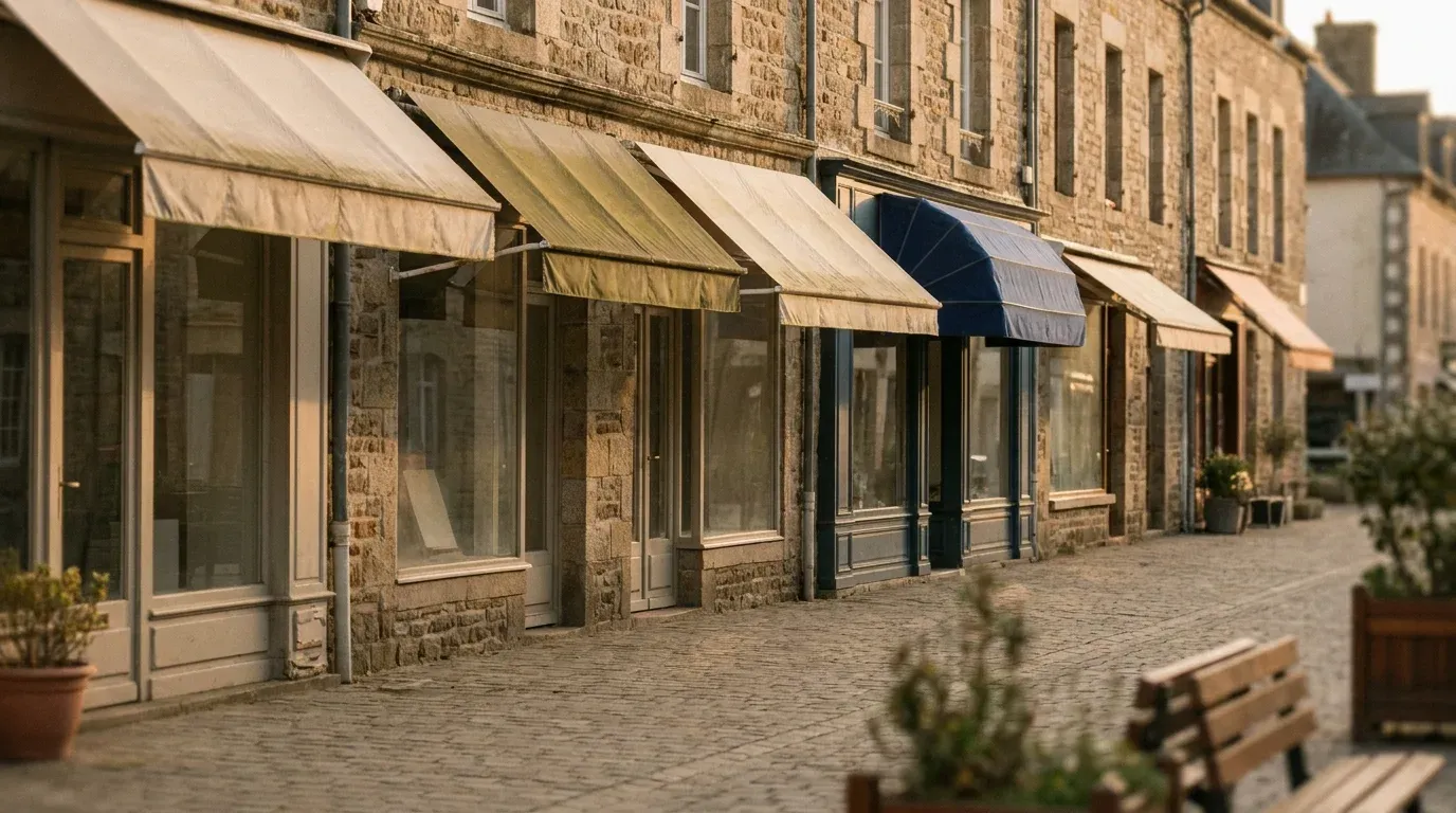 Une rangee de devantures de commerces independants dans une rue francaise, image des professionnels analyses par l’etude.