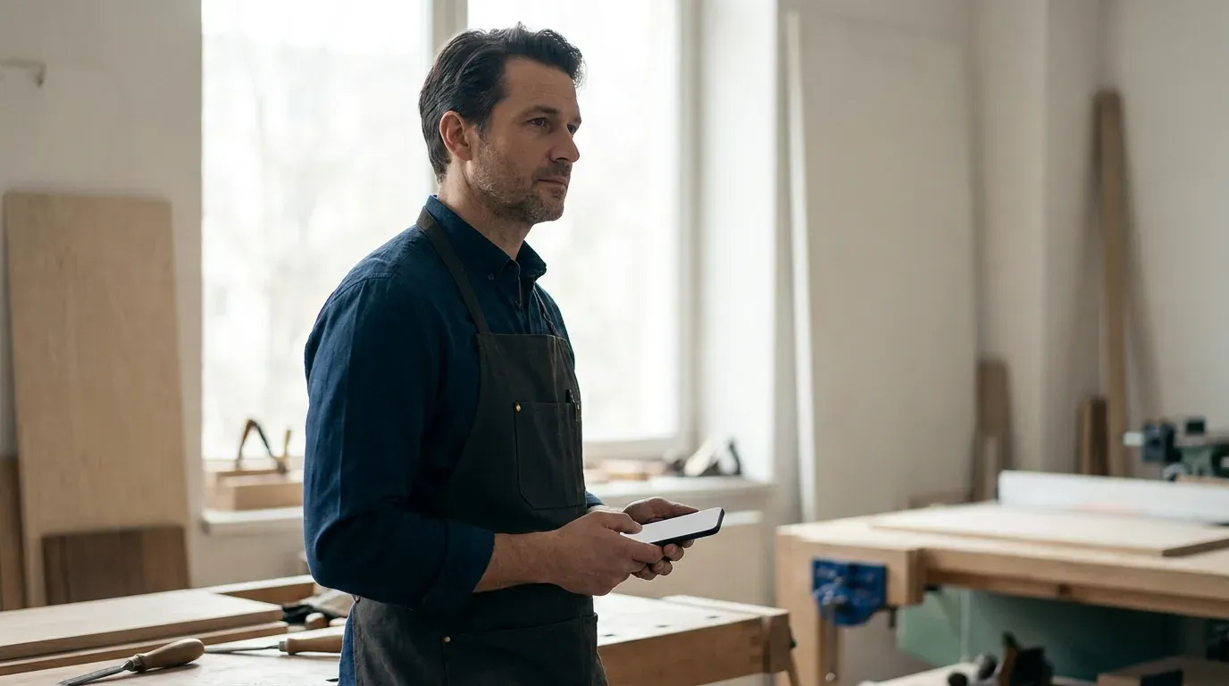 Un artisan dans son atelier, smartphone a la main, image du professionnel face a la qualite de son site.