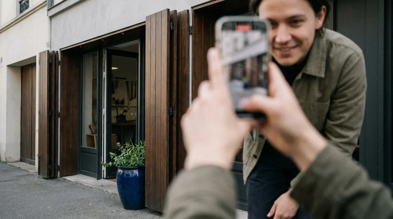 Un professionnel filme la devanture de son atelier au smartphone, image de la verification video d’une fiche d’etablissement Google.