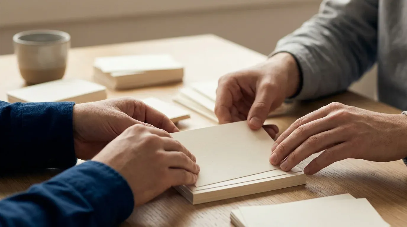 Des mains classent des fiches cartonnees vierges en piles sur un bureau, image du choix des categories principale et secondaires.