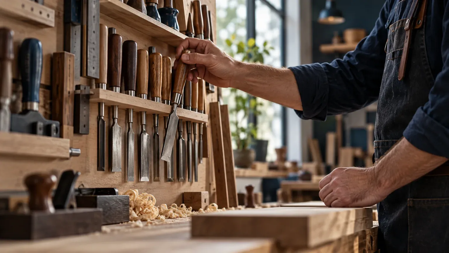 Mains d’un artisan qui choisit un outil sur un mur d’outils bien rangés, à l’image des TPE et PME qui achètent l’IA comme un outil de plus.
