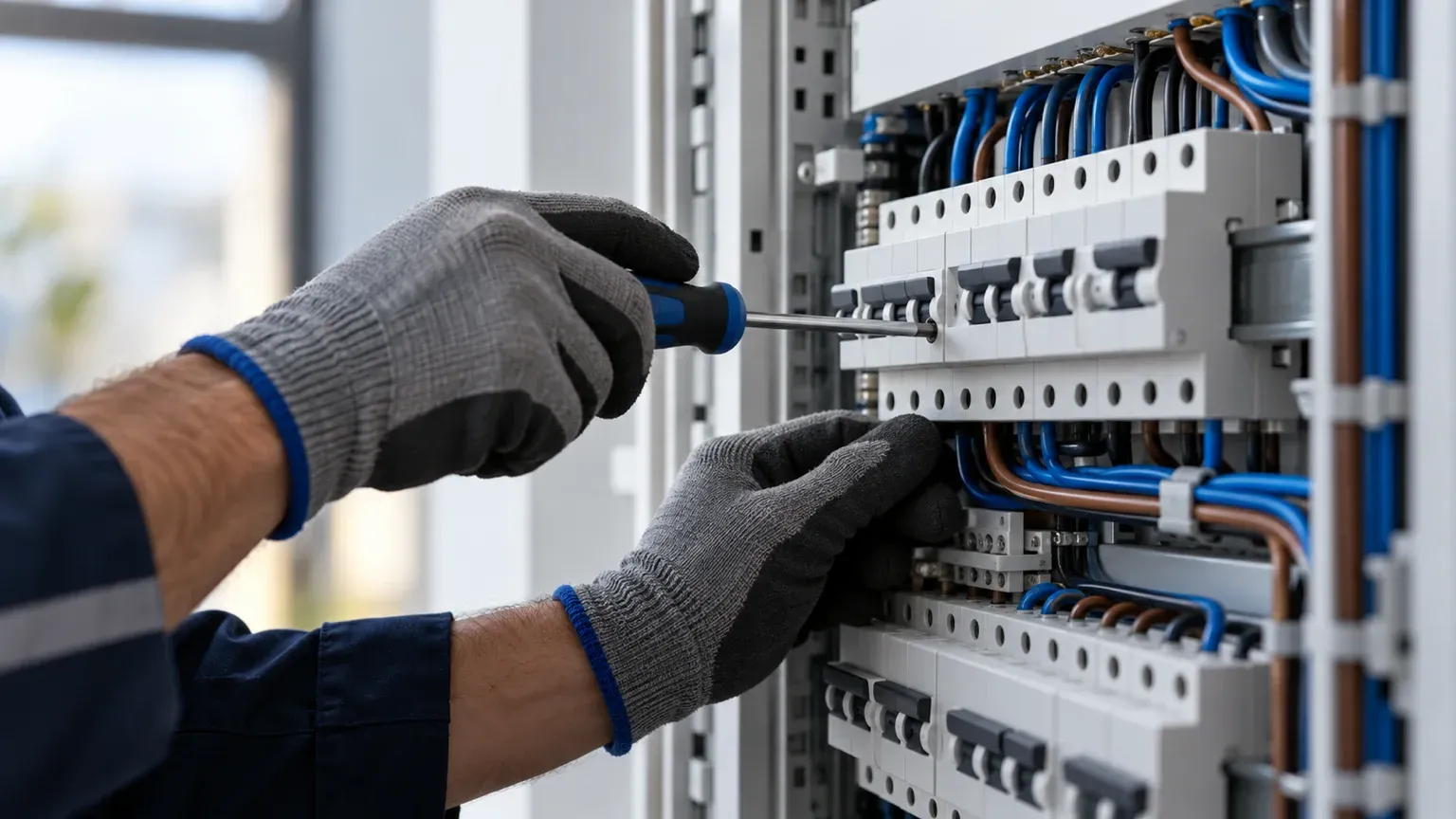 Mains gantées d’un électricien qui contrôle le câblage d’un tableau électrique, comme on vérifie à la main un texte écrit avec l’IA avant de le publier.