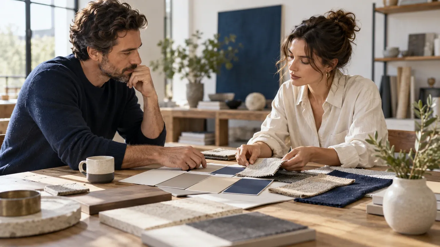 Un homme et une femme examinent des nuanciers et des échantillons de tissu autour d’une table de studio, le moment où l’on décide qui vérifie et qui répond du contenu d’un site internet.