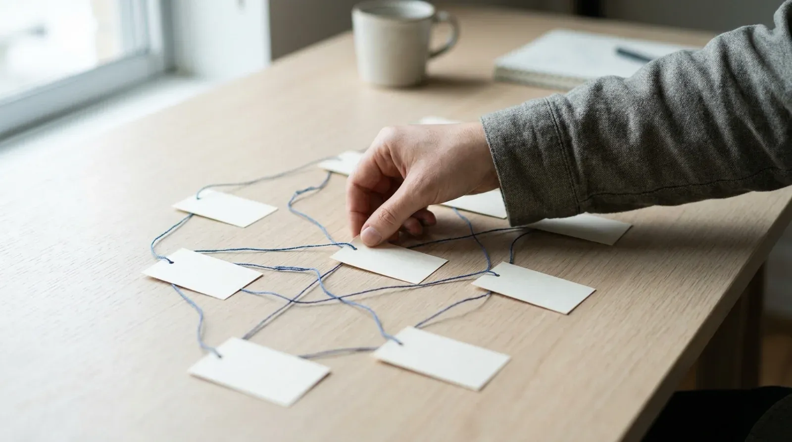 Une main dispose des cartes en papier vierges reliées par des fils sur un bureau en bois, image du maillage interne qui relie les pages d’un site.