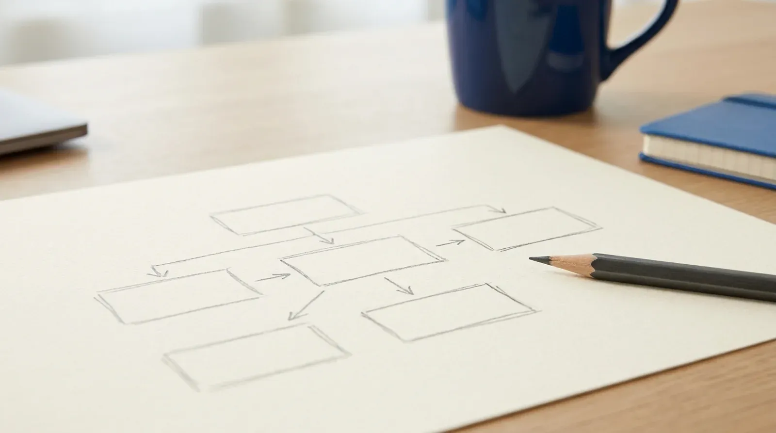 Plan de site dessiné au crayon, des rectangles vides reliés par des flèches, pour construire le maillage interne d’un site vitrine.