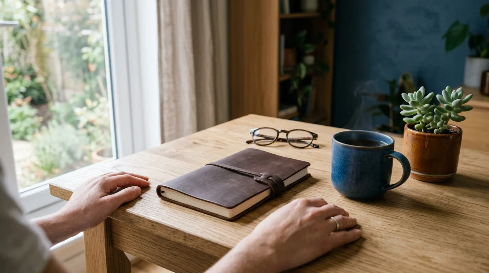 Un carnet en cuir fermé, une paire de lunettes et une tasse posés sur un bureau en bois près d’une fenêtre, les mains posées de part et d autre.
