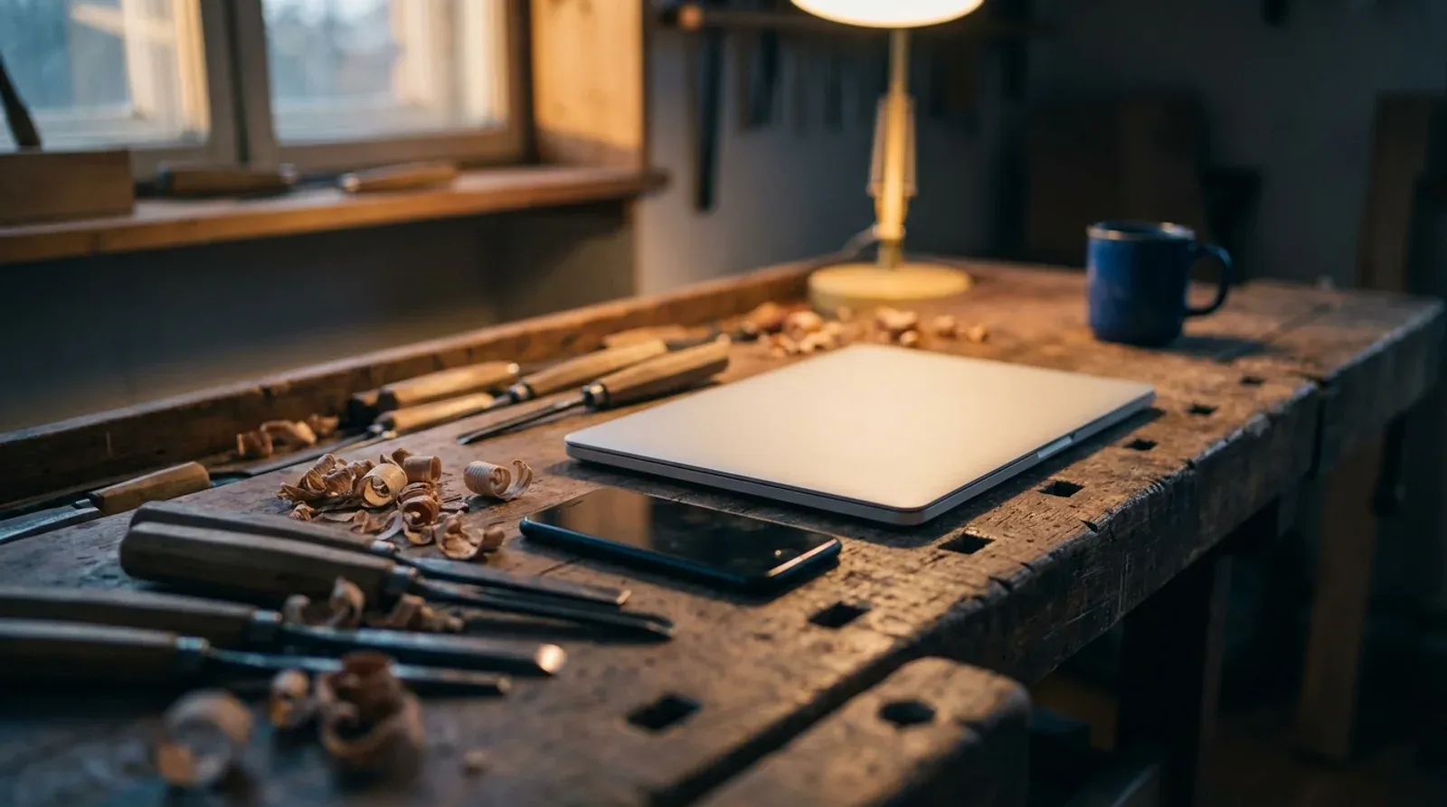 Un ordinateur portable fermé posé sur un établi d’artisan au crépuscule, entre des outils et des copeaux de bois.